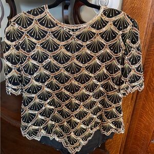 Vintage Laurence Kazar Gold Scalloped Beaded and Sequined Black Silk Blouse
